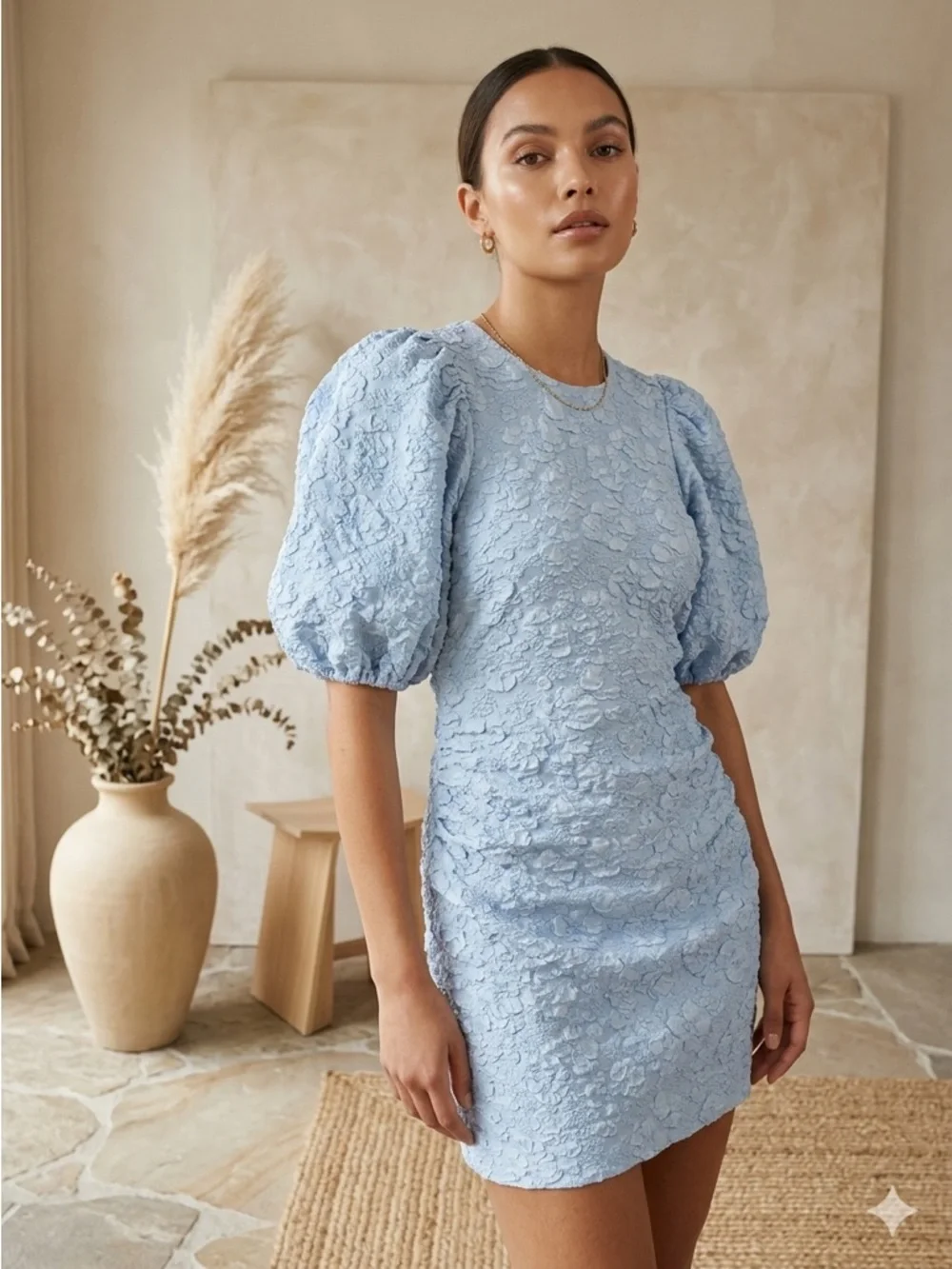 GANNI Sky Blue Jacquard Puff Sleeve Ruched Mini Dress NWT EU 34 US 2 XS - Picture 1 of 16